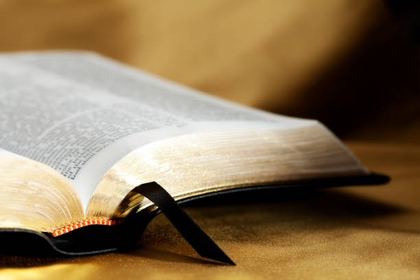 An open kjv bible on a gold background. focus is on the spine.